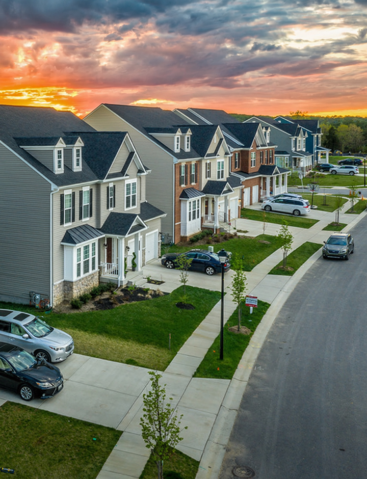 Aerial view houses in a subdivision.